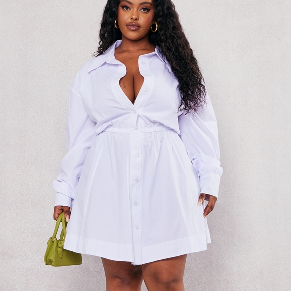NWT PRETTY LITTLE THINGPlus White Ruched Waist Button Up Shirt Dress
